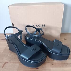 Coach Gale Wedge Platform Sandals Women’s 8 Black Leather Ankle Strap Logo NWB